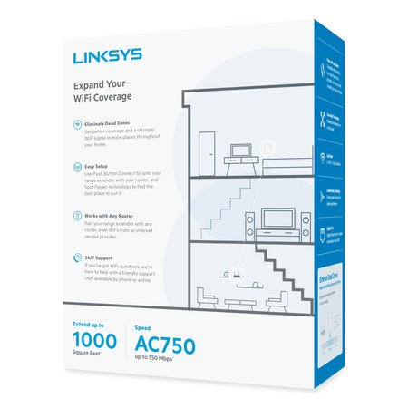 Linksys AC750 BOOST Wi-Fi Extender, 1 Port, Dual-Band 2.4 GHz/5 GHz RE6300